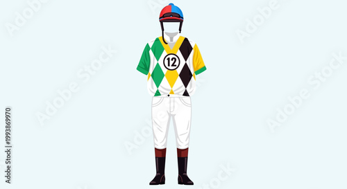 Racing jockey wearing colorful uniform stands confidently at Belmont Stakes event