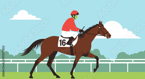 Racing horse and jockey compete in the Belmont Stakes event