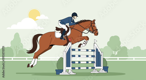 Horse jumps high over obstacle in Belmont Stakes competition event