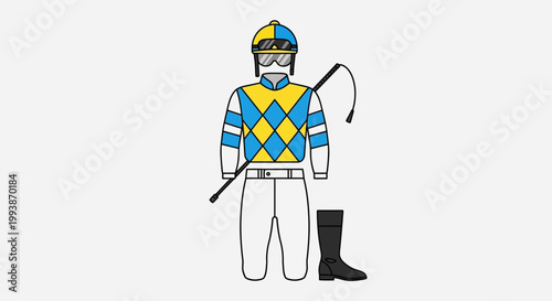 Jockey wearing colorful outfit holds whip at Belmont Stakes event