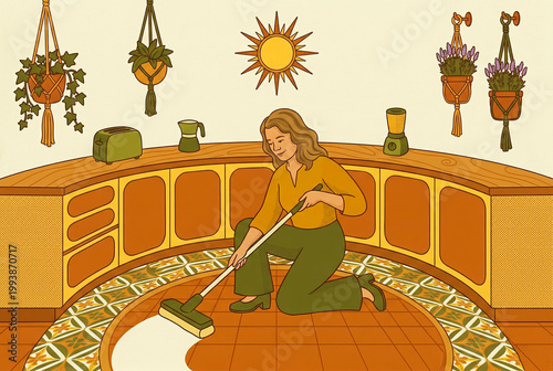 House cleaning and tidying concept, woman scrubbing floor with brush in cozy retro boho kitchen illustration for cleaning service, blog, poster and web design