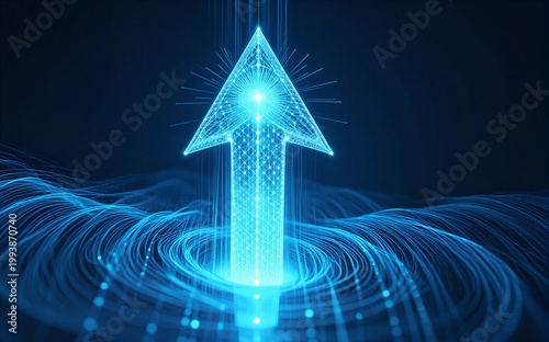 Blue digital arrow rises through glowing network streams against a