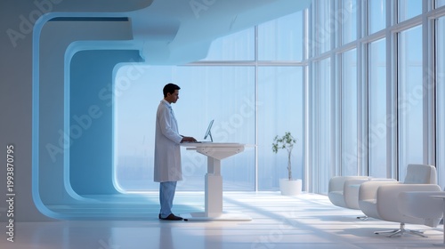 Serene Medical Study: A focused doctor stands in a bright, modern clinic space, engrossed in contemplation. The image evokes a sense of serenity and the pursuit of medical knowledge.