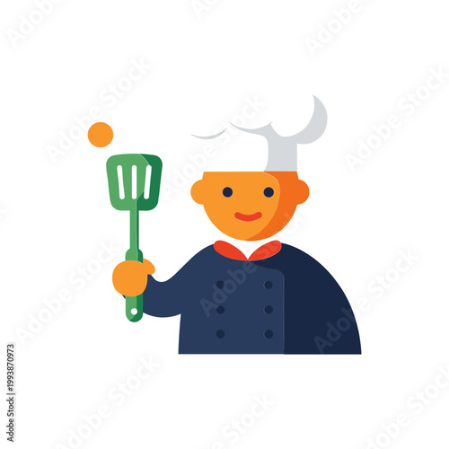 Happy Chef Character with Spatula, Cooking, Food Preparation, Restaurant, Flat Design