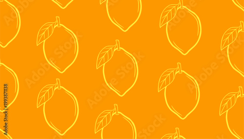 Lemon seamless pattern illustration. Citrus fruit repeat background. Slice outline minimal style. Fresh summer texture design. Food wrapping surface.