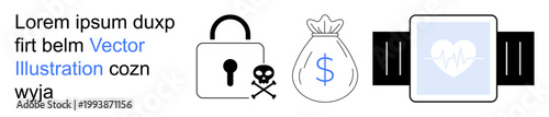 Cybersecurity, financial security, health monitoring, digital threats, warning signs, fintech safety. Lock with skull, money bag smartwatch with heart rate symbol. Cybersecurity and financial