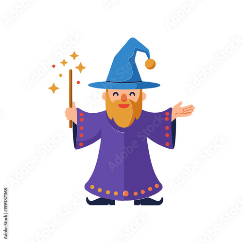 Happy Wizard Character with Wand and Sparkles - Magical Fantasy Illustration