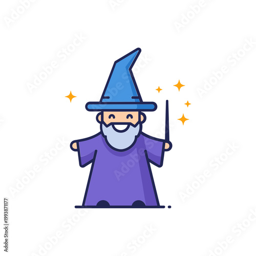 Happy Wizard Character with Magic Wand and Sparkles - Vector Illustration