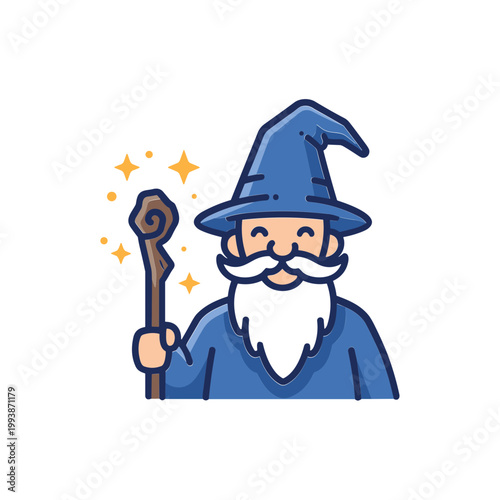 Happy Wizard Holding Magical Staff with Sparkles