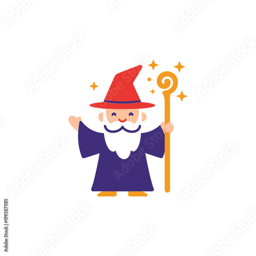 Happy Wizard Holding Magic Wand with Stars - Fantasy Character Illustration