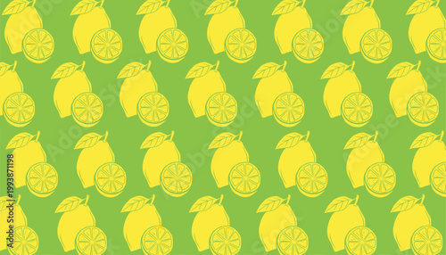 Lemon seamless pattern illustration. Citrus fruit repeat background. Slice outline minimal style. Fresh summer texture design. Food wrapping surface.