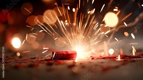 Close-up of a lit firecracker with sparks and bokeh lights
