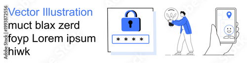 Cybersecurity, innovation, geospatial tracking, data protection, creativity, modern technology. Lock icon with password, person holding a lightbulb phone with geolocation pin. Cybersecurity