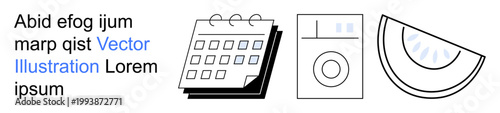 Office organization, household appliances, food, task planning, meal preparation, domestic routines. Calendar, washing machine and watermelon slice in simple line art. Task planning and household