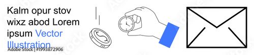 Punctuality, business management, communication, email services, time tracking, organization. Hand holding a clock with an envelope beside. Punctuality and business management concept