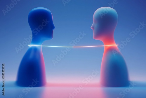 Two abstract human figures connected by a glowing line