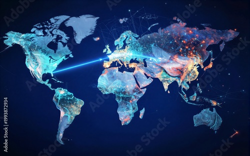 Global map illuminated by vibrant lights and connecting digital