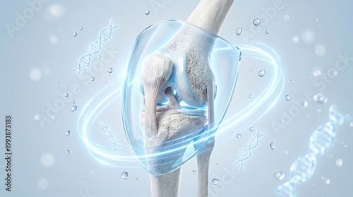 Advanced Orthopedic Science Visualization, 3D Anatomy of Knee Joint with Molecular DNA Structures and Protective Barrier, Innovative Regenerative Medicine and Joint Care Technology Concept