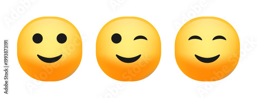 set of three yellow smiling emoji faces with different expressions, isolated on a clean white background. Minimal and cheerful digital icons for concepts such as happiness, communication, feedback, an