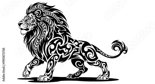 Black and white lion illustration art.