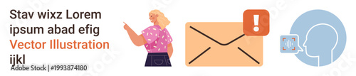 Email notifications, communication, identity verification, data security, user messages, alert systems. Woman pointing, envelope with alert sign profile with ID scanning. Communication and data