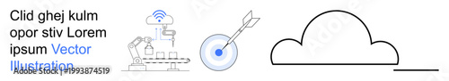 Automation, cloud computing, digital connectivity, precision, smart systems, innovation. robotic automation, arrow hitting target simplistic cloud icon. Automation and cloud computing theme