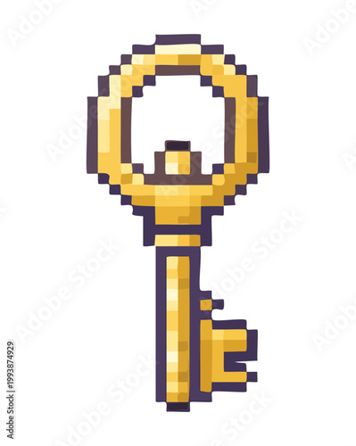 vintage golden key pixel art illustration for antique lock items and mystery game assets for retro style mobile gaming and app development