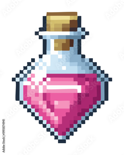magic pink potion bottle pixel art graphic for alchemy items and health restoration icons for retro style fantasy and RPG game projects