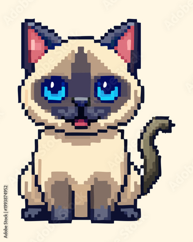 siamese cat sitting looking forward pixel art character for pet simulation games and cute animal companion assets for retro style mobile gaming