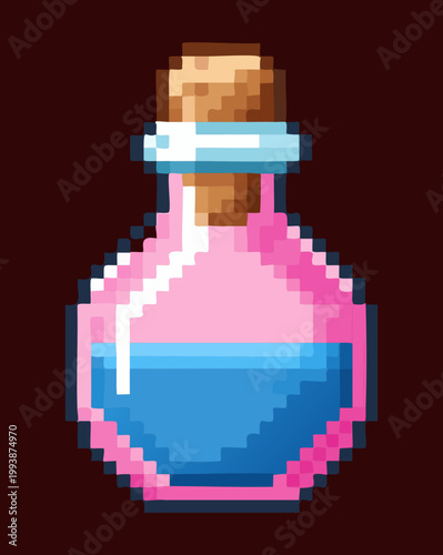 blue and pink potion bottle pixel art graphic for hybrid mana items and magical elixir icons for retro style fantasy RPG game apps