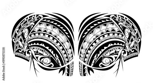 Detailed tribal tattooed eye makeup design.