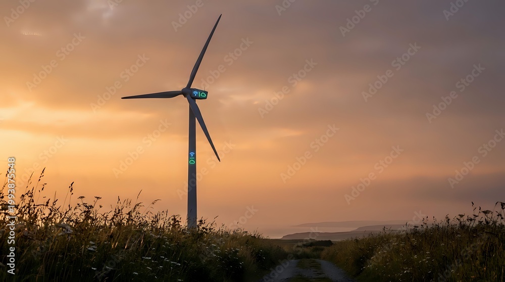 Obraz premium Wind turbine generating clean renewable energy at golden sunset with wildflowers and grass in foreground creating sustainable power for environmental conservation.