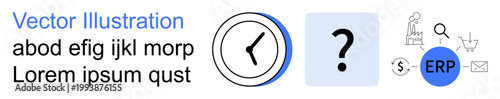 Business management, time tracking, decision-making, logistics, enterprise resource planning, productivity. Clock icon and question mark with ERP and industrial elements. Business management