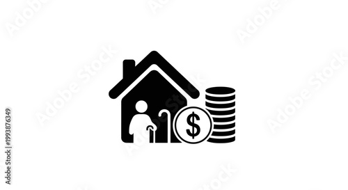 Elderly homeowner financial planning icon with house coins and dollar sign
