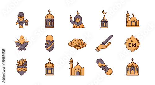Ramadan Icons Collection: Mosque, Lanterns, Woman, Prayer, Eid, Crescent Moon