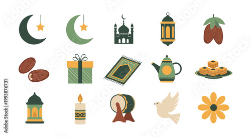 Ramadan Icons: Crescent Moon, Mosque, Lanterns, Dates, Gift, Prayer Mat, Tea, Sweets, Drum, Dove, Candle, Flower