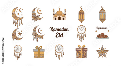 Ramadan Eid Islamic Symbols Set: Moon, Mosque, Lanterns, Gifts, Dates, Dreamcatchers