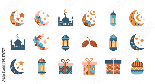 Ramadan Kareem Icons: Crescent Moon, Mosque, Lanterns, Dates, Gifts, Stars