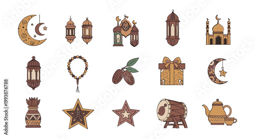 Ramadan Kareem Icons: Moon, Lanterns, Mosque, Drum, Gift, Dates, Prayer Beads, Teapot