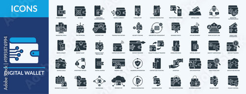 Digital Wallet - Icon Collection. Thin Glyph Solid Set contains such Icons as virtual card, cashless transaction, instant transfer and more. Simple web icons set