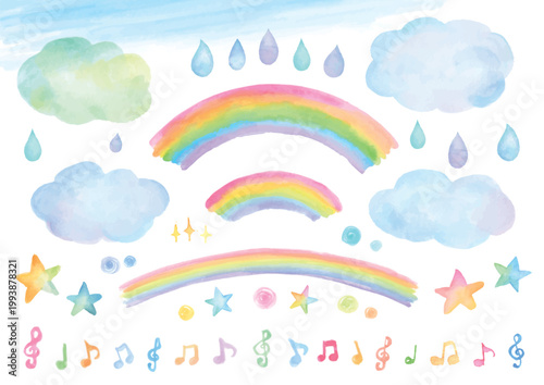 虹と梅雨イメージのかわいい手描き水彩イラストセット