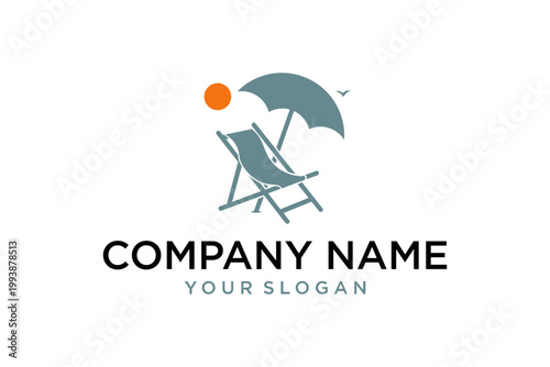 Photography Beach Travel Logo Template with Deck Chair and Umbrella