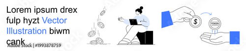 Online banking, digital transactions, freelance work, financial management, investments, e-commerce. Woman with laptop, coins falling and exchange of currency. Online banking and digital