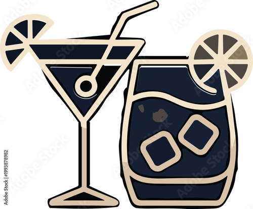 Stylized graphic showcasing two popular cocktails, a classic martini and an iced drink with citrus garnish, perfect for bar menus, party invitations, beverage themed designs