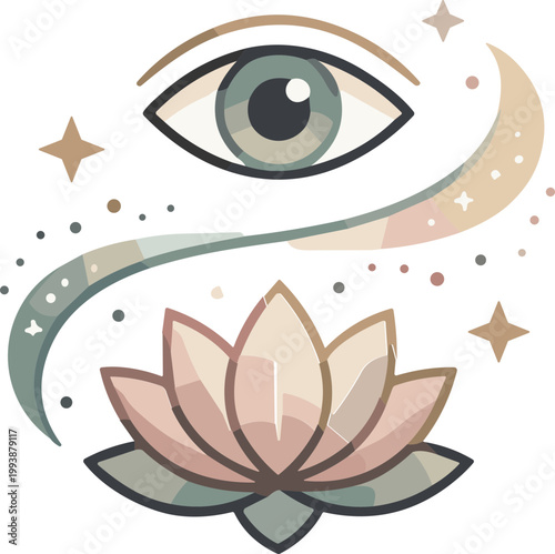 Esoteric and spiritual symbols, including an eye and lotus flower with a crescent moon, representing mysticism and holistic wellness