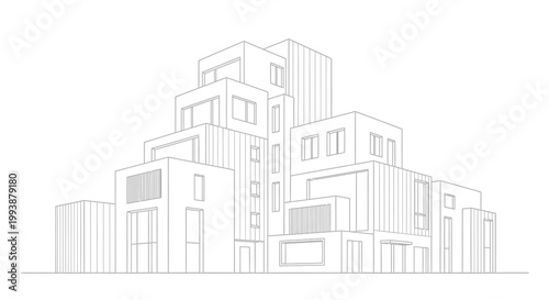 Modern Modular Architectural Line Drawing - Minimalist Building Concept Sketch for Urban Development