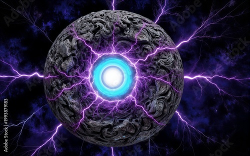 Mystical cosmic sphere pulses with vibrant purple lightning against a