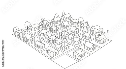 Isometric Line Art of a Residential Neighborhood Grid with Houses and Trees; Real Estate Planning, Urban Development, and Suburban Community Concept Illustration