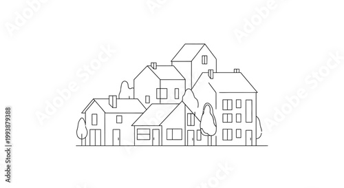 Minimalist Line Art Sketch of a Residential Neighborhood Cluster with Modern Houses and Trees