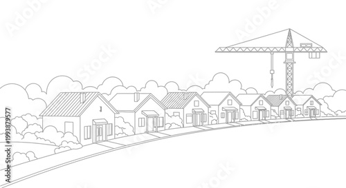 Suburban Residential Neighborhood Construction Site with Crane Line Art Illustration for Coloring Book and Real Estate Development Concept